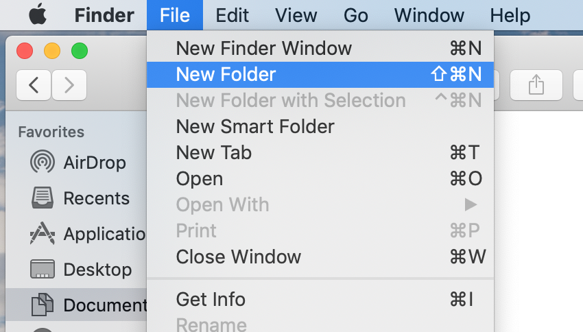 New folder dropdown option on macOS